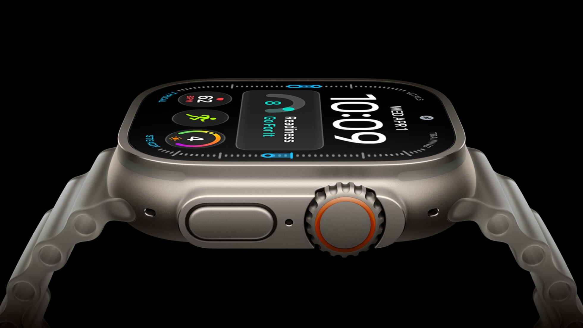 Oficjalne zdjęcia Apple: profil koperty Apple Watch Ultra 4 z tytanu Grade 5, osłoną koronki Digital Crown i szafirowym ekranem 3500 nitów